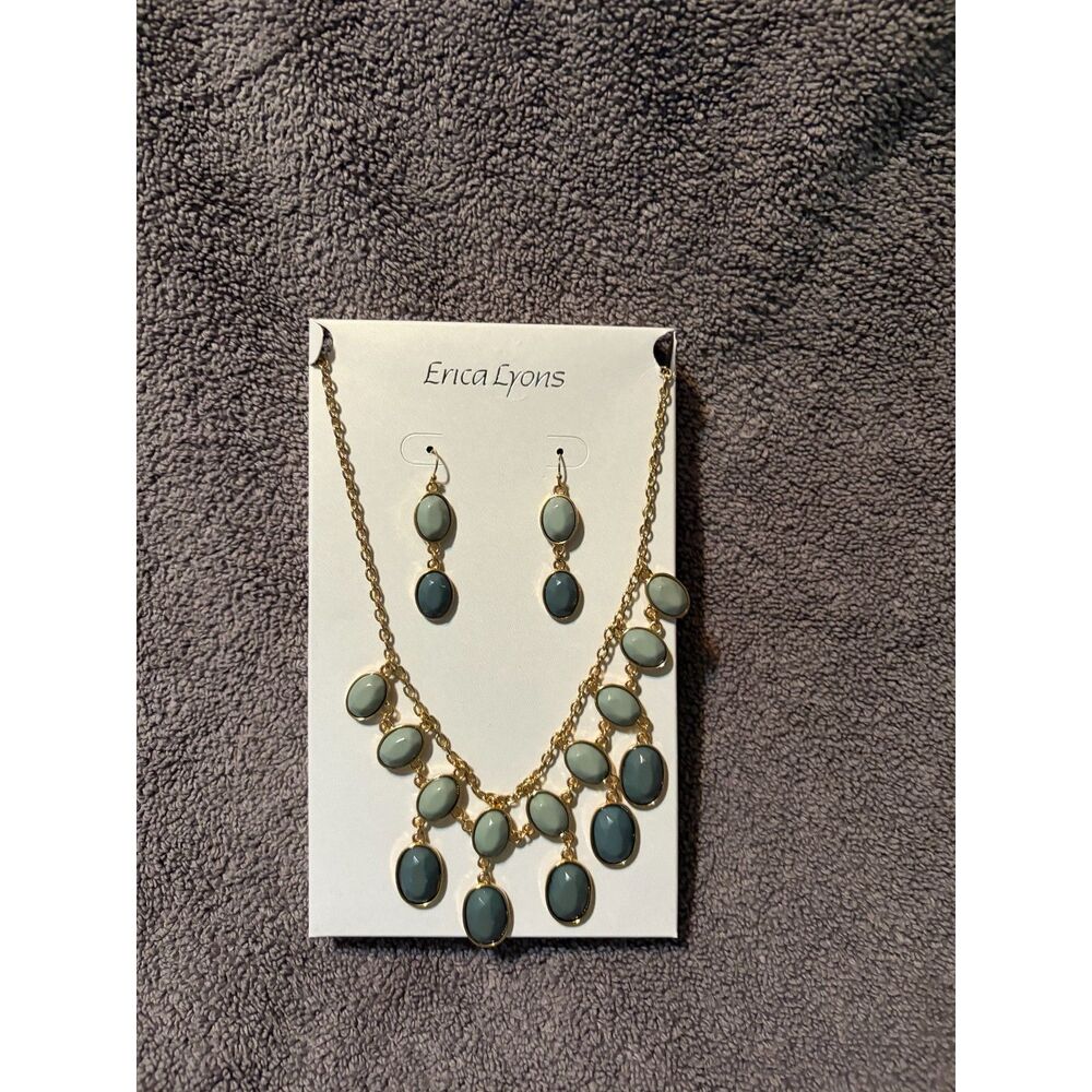 Erica Lyons Blue & Green Statement Necklace Set w/ Matching Earrings NWOT